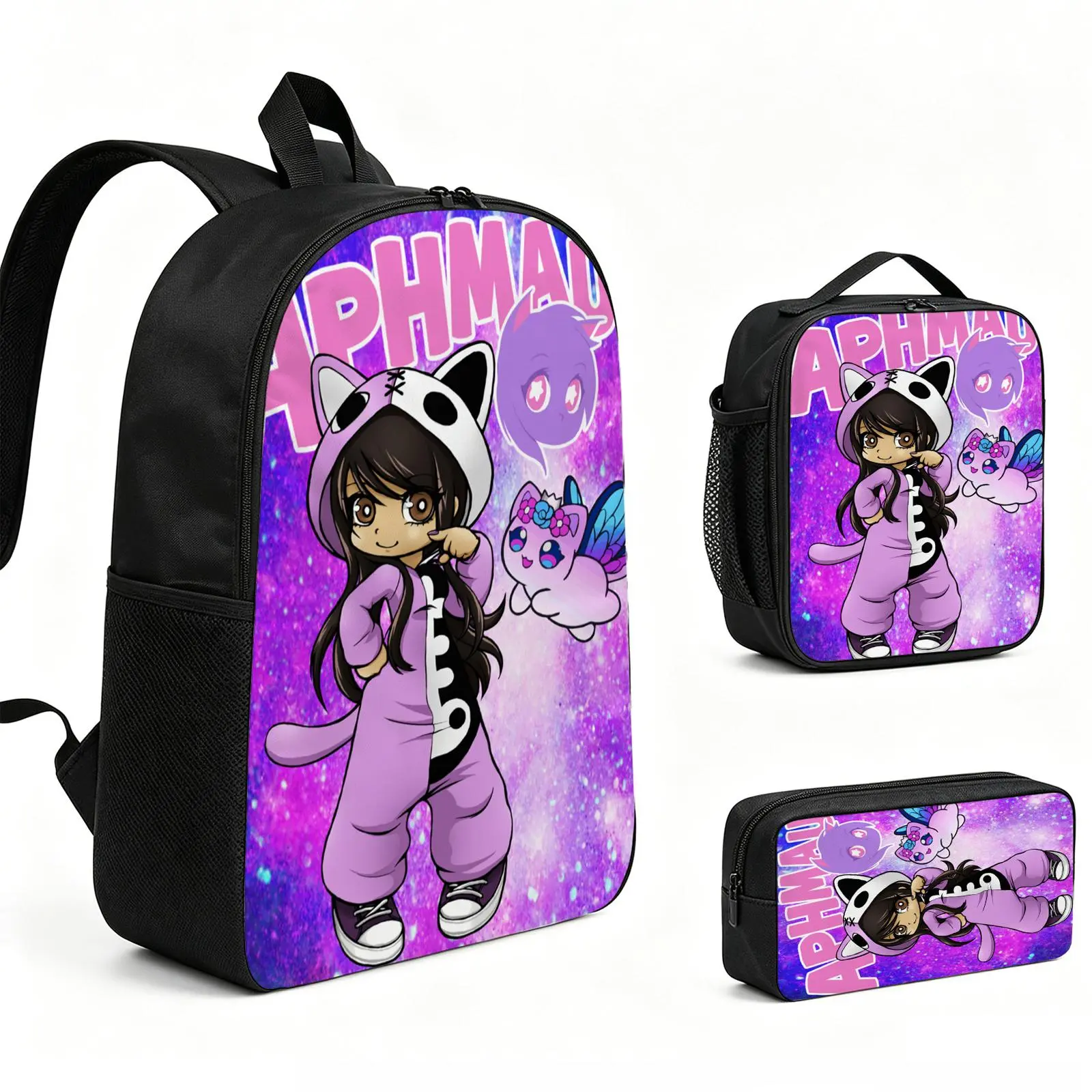 aphmau Backpack 3pcs Set with Vibrant Print, Durable School Bookbag with Insulated Lunch Tote and Pencil Bag for Teens Boys Girls, Multi-Functional Laptop Travel Daypack Gift for Kids L-185