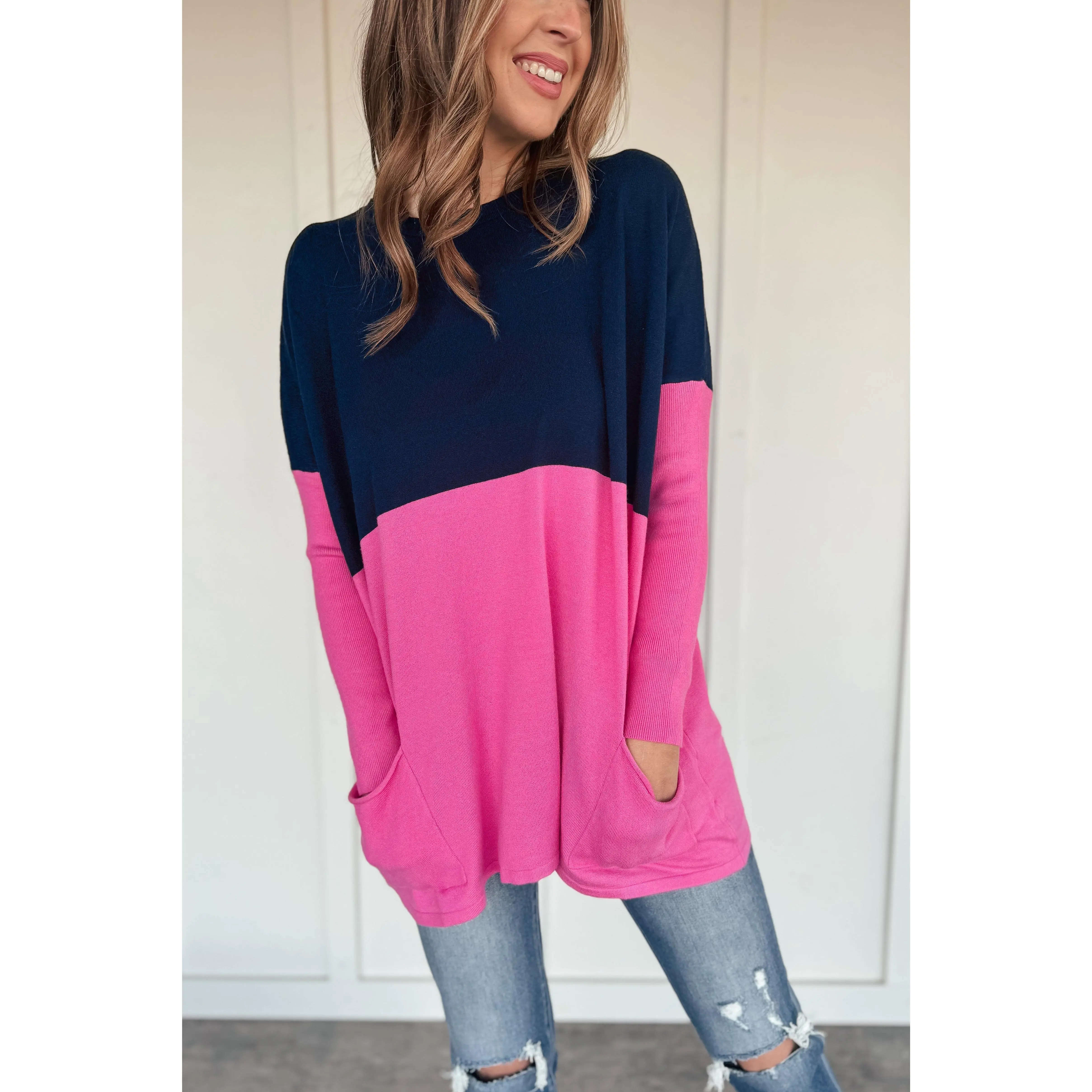 Pink and Navy Oversized Pocketed Sweater