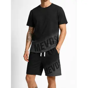 Men's Summer Short Sleeve Printed 2-Piece Set, T-Shirt and Shorts, Round Neck, Casual Sports Style, Letter Print, Regular Fit
