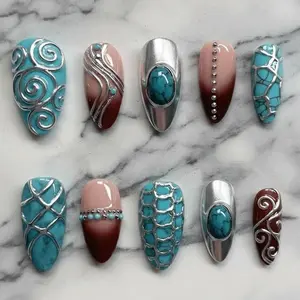 Turquoise Gem Press On Nails | Western Cowgirl Stone Chrome Swirl 3D Details | Boho Desert Aesthetic Statement Reusable Handmade False Nails