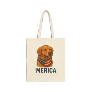 Pet Lover Gift bag, MERICA Golden Retriever Tote Bag, 4th of July Dog Lover Gift, Patriotic USA Canvas Bag, American Flag Bandana Pup Tote