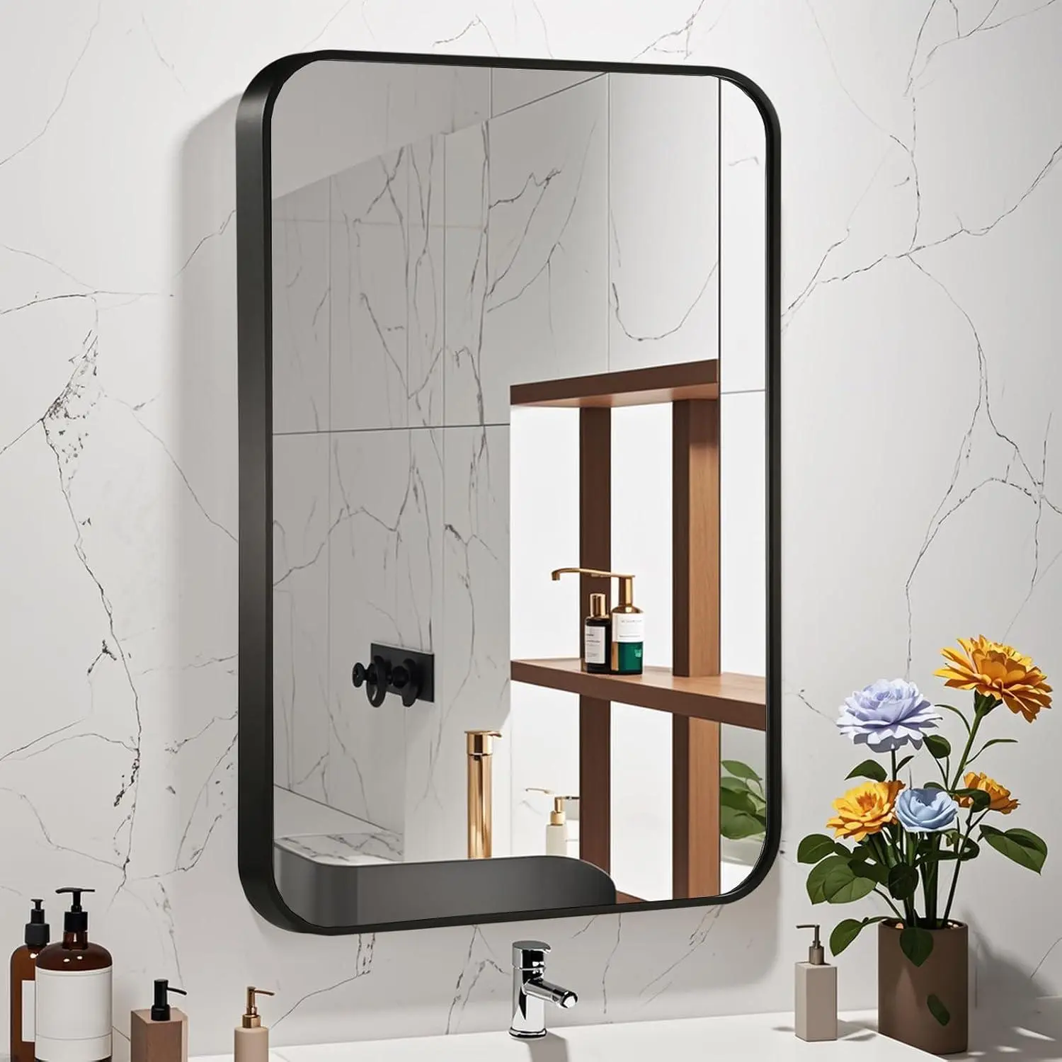 Modern Black Metal Frame Bathroom Mirror, Large Rectangular Wall Mirror Over Sink, Matte Vanity Mirror for Restroom Entryway Fireplace