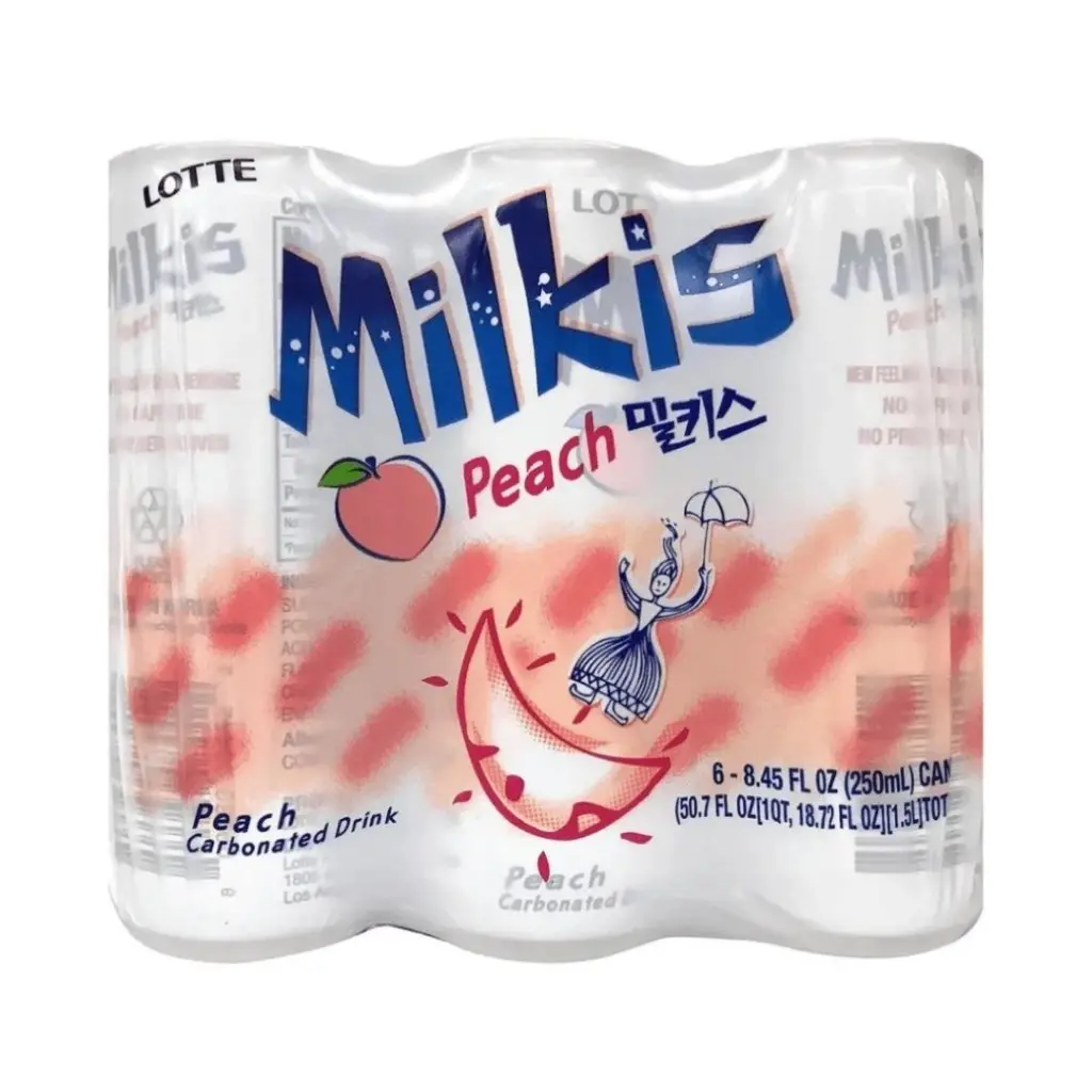Lotte Milkis Peach Flavor Creamy Carbonated Beverage - 250ml x 6 Pack, Sparkling Beverage, Fizzy Fruit Soda, Soda, Ambient Storage, Flavored Sparkling Water, Carbonated Drink