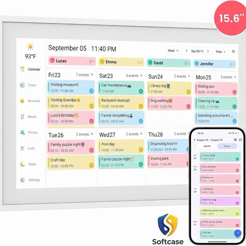 15.6" Full HD Touchscreen WiFi Smart Digital Calendar Planner - Wall-Mountable, Chore Chart, Efficient Tracking, Digital Interface for Busy Families (Office Organiser with Income & Budget Management)