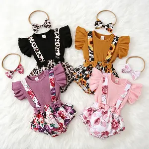 Baby Girls Clothing 3-Piece Newborn Girls Outfit Set - Ribbed Fly-Sleeve Round Neck Pullover, Flower/Leopard Print Suspender Skirt, Bowknot Headband, Newborn Girls Clothing