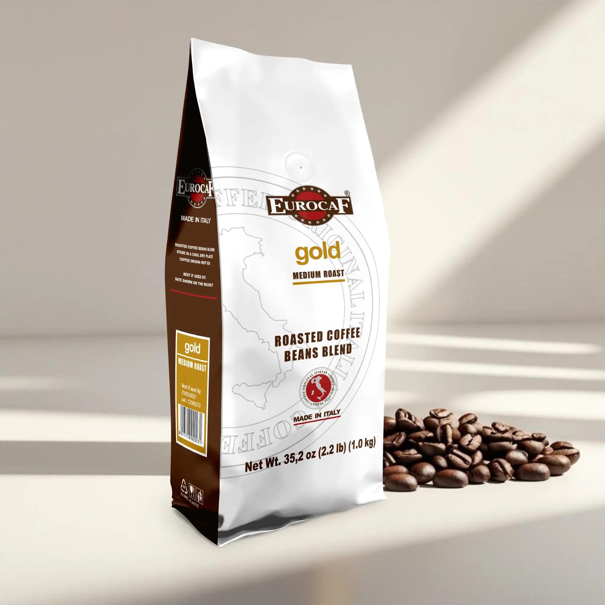 Eurocaf Blend Gold, Whole Bean Coffee, Medium Roast, 2.2 Ib, Original Italian Coffee (Pack of 1)