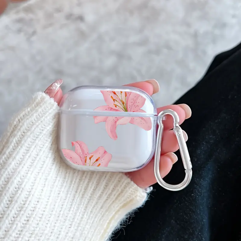 Minimalist Retro Lily Pattern Protective Case for AirPods 4/3/2/1/Pro/Pro2 Soft TPU Earphone Cover, Transparent with Keychain