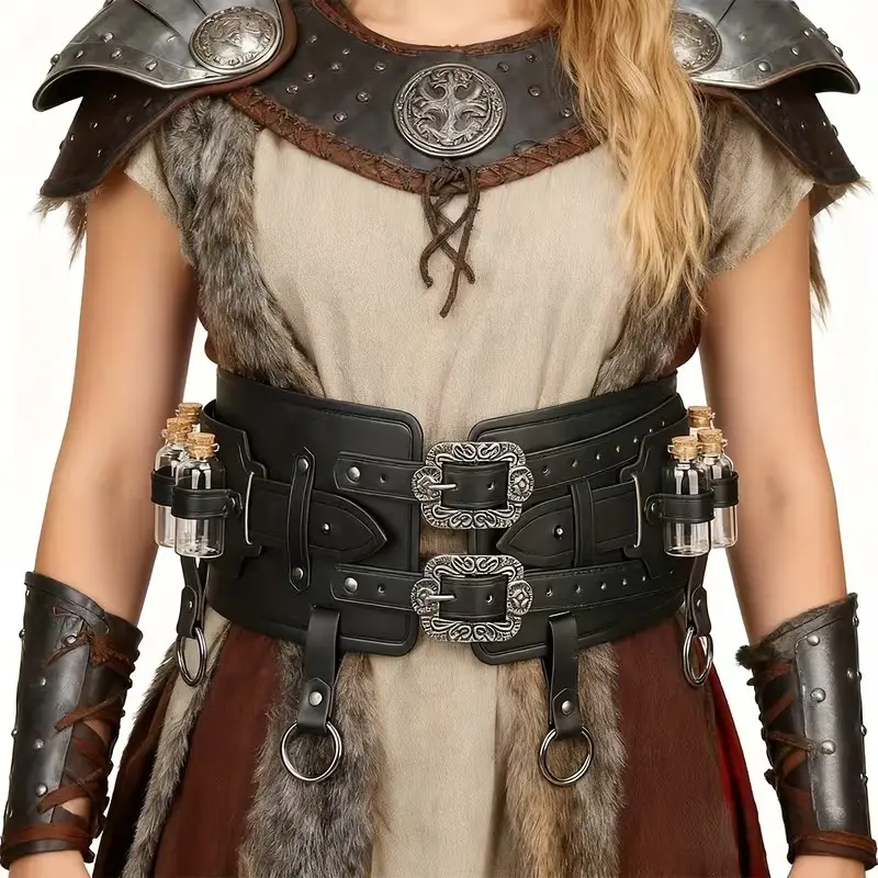 Men Women Unisex PU Leather Vintage Wide Belt Waistband, Medieval Viking Warrior Costume Accessory, Halloween Cosplay Props