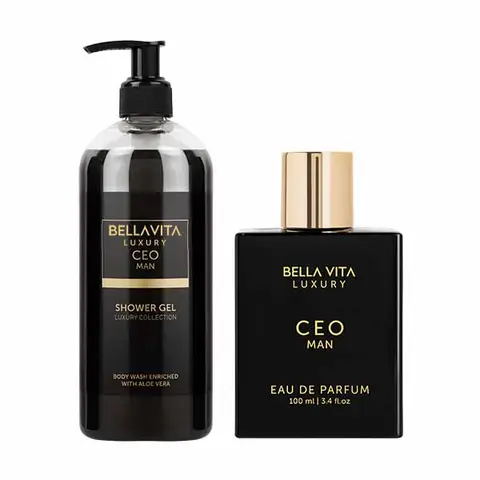BellaVita Luxury CEO Man Perfume & Body Wash Combo | Eau De Parfum with Lemon, Lavender, Tonka & Oud (100ml) + Deep Clean Shower Gel with Aloe Vera (500ml) | Long-Lasting, Moisturizing & Energizing Grooming Set for Men | Vegan
