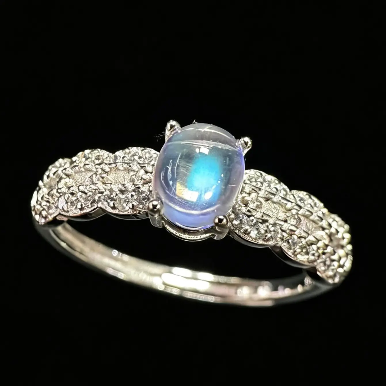 Unisex 925 Sterling Silver Vintage Scalloped Pave Cubic Zirconia Oval Natural Blue Flash Moonstone Adjustable Wedding Promise Ring, Promise Rings, New Beginnings