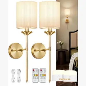 Battery Operated Wall Sconce, Coldless 5000mAh/13000mAh Rechargeable Battery Wall Sconce, Wireless Sconces Set of 2 Wall Lamp/Lights for Wall Painting, Bedroom, Living Room, Night Light (Gold)