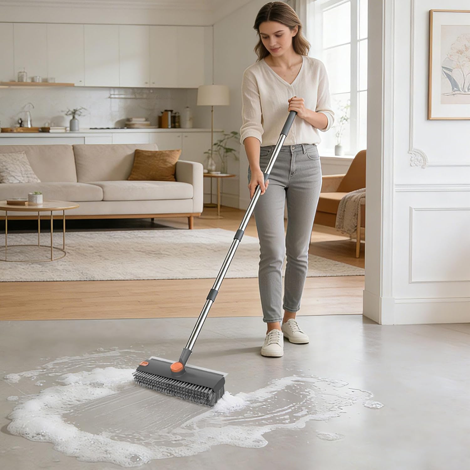 Long Handle Floor Cleaning Brush, 3 in 1 Scrub Brush with Stiff Bristles, Rubber Squeegee and Hair Remover, Adjustable Stainless Steel Pole for Wet Dry Cleaning of Bathroom, Shower, Tile, Grout, Glass, Wood, Laminate and Vinyl Floors,shower scrubber