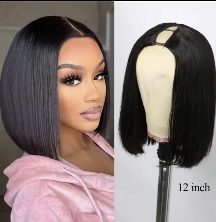 Chickiss Straight V Part Bob Wig Human Hair Glueless No Leave Out  Upgraded U Part Wig For Women 10-16 Inch Short Human Hair Brazilian Raw Hair 1B  Natural Black Color 150%