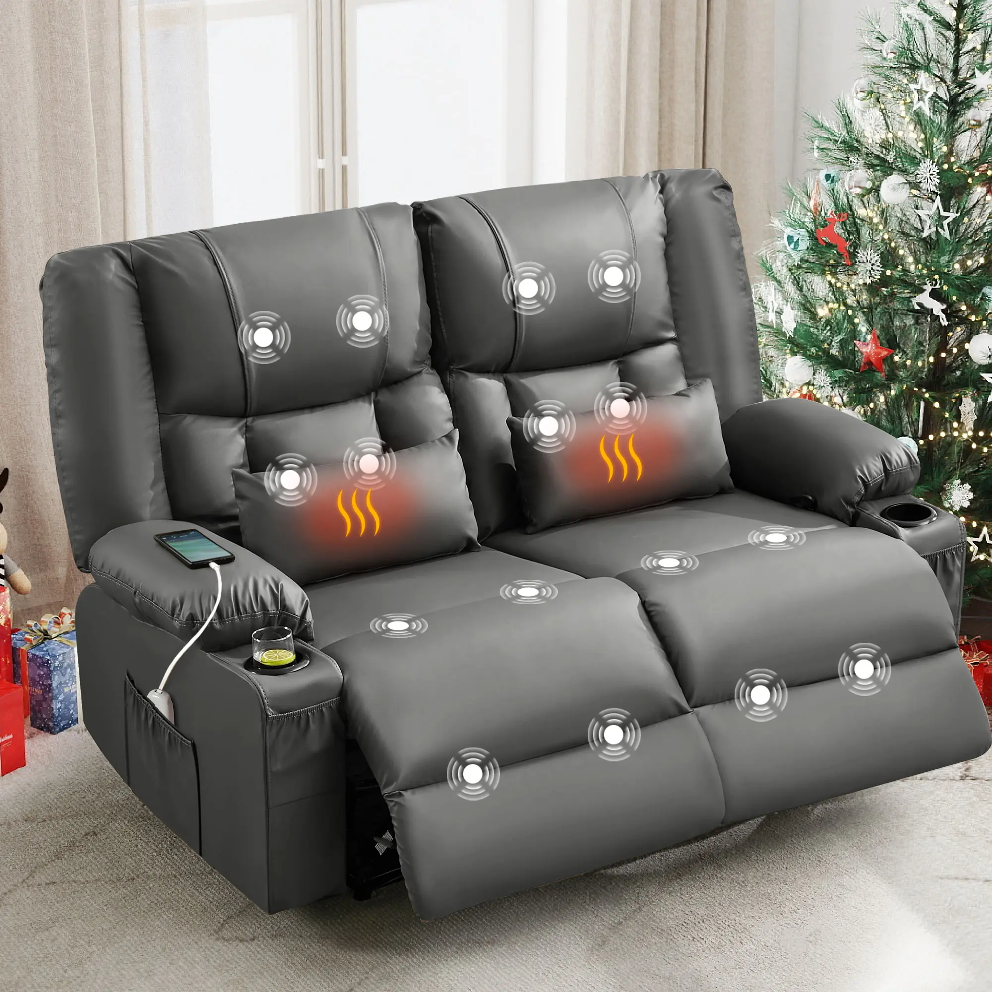 Oversized Manual Recliner Loveseat with 8 Vibration Massage Points, Heating, Cup Holders, USB Ports, Side Pocket – Grey Leather