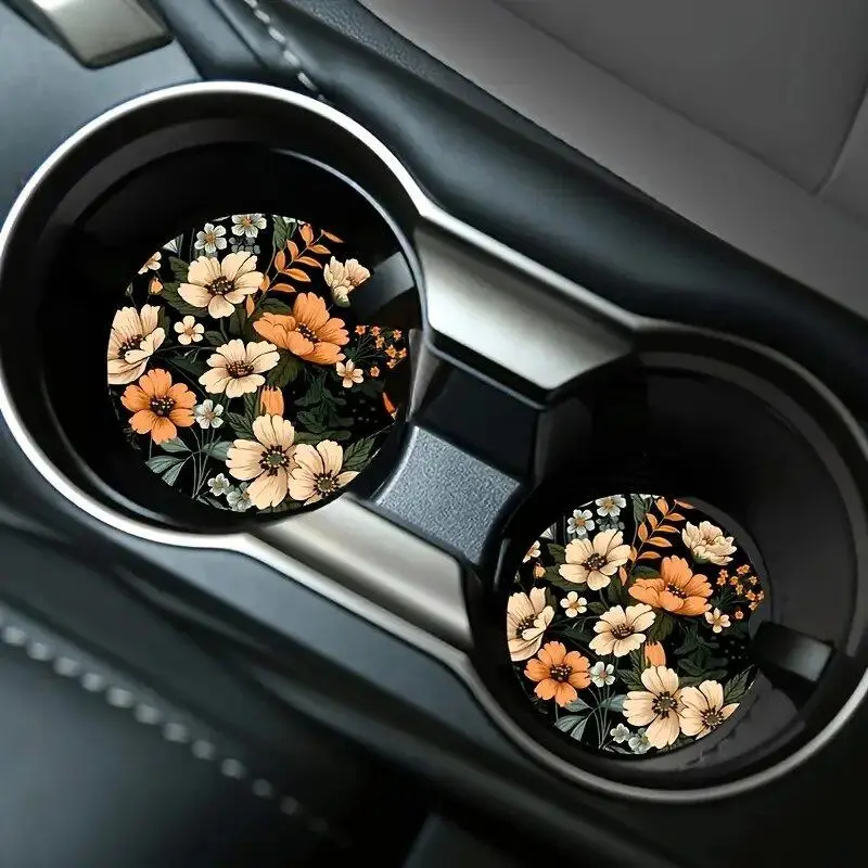 Flower Pattern Car Cup Holder Coaster, Round Anti-slip Car Cup Holder Pad, Car Interior Decoration Accessories for Women & Men, Girly Car Accessories, Car Interior Accessory
