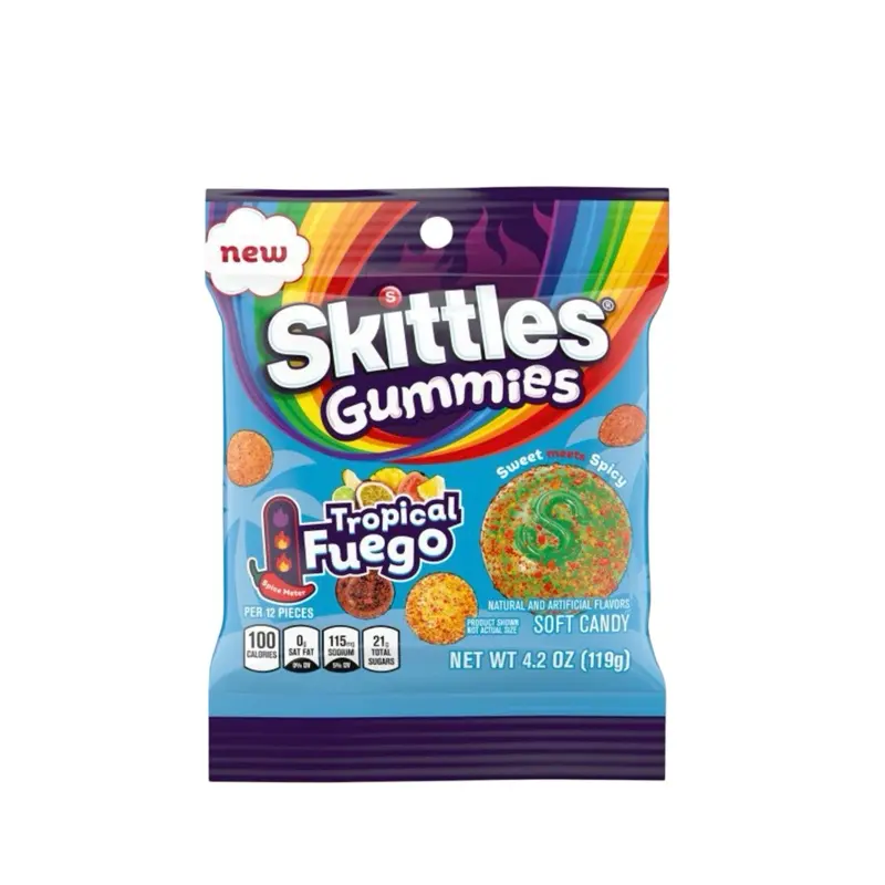 Skittle gummies Tropical Fuego Sweet & Spicy- Lime, Mango Melon, Pineapple, Passion Fruit, & Guava Flavors - 1 Bag (4.2 oz)