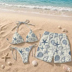 Couple Beach Outfit Set, Matching Bikini and Swim Trunks, Seashell Starfish Swimsuit, Summer Vacation Beachwear for Him and Her