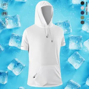 Men’s sports hooded T-shirt with kangaroo pocket, breathable quick-dry fabric, suitable for running, workouts, and indoor fitness; men’s short sleeves, summer clothing, men’s summer apparel.