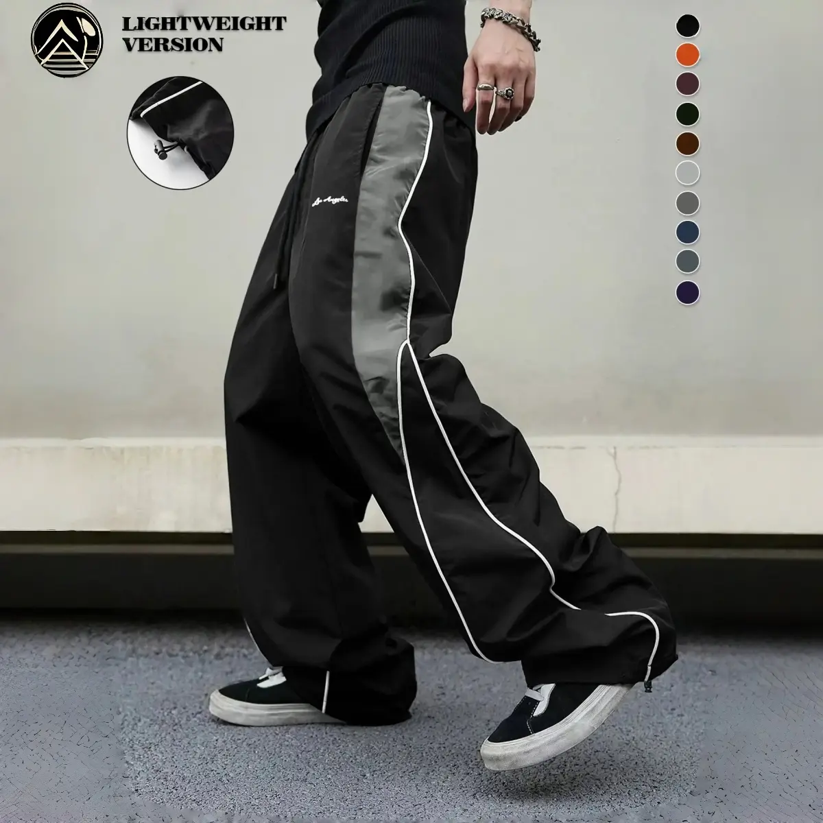 Men's high street style contrasting color splicing side striped tied wide-leg pants, American retro Los Angeles printed design loose drape sweatpants, multi-color optional thin casual pants are suitable for spring and summer wear,can be used as a gift for