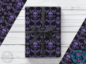 Violet Gothic Skull Damask Wrapping Paper, Purple Gift Wrap for Halloween, Goth Wedding Gift, Dark Aesthetic Decor, Spooky Birthday Present