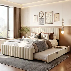 Queen Size Velvet Upholstered Platform bed Frame with charging shelves Twin XL Trundle, Elegant Fabric Design, Slat Support, No Box Spring Needed, Space-Saving Solid Wood Storage Option for Bedroom