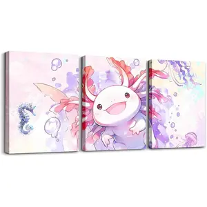 Feelyou Cute Axolotl Decorative Framed Wall Art - 3Pcs 12"x16" Artistic Cartoon Salamander Ocean Sealife Posters & Prints, Kawaii Canvas Hanging Home Decor for Bedroom, Christmas & Halloween Gift