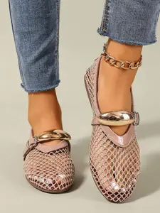 Women's Mesh Ballet Flats, Round Toe Breathable Daily Wear Shoes, Metal Buckle Mary Jane Style, Comfortable Casual Office Wear, Spring Dance Shoes
