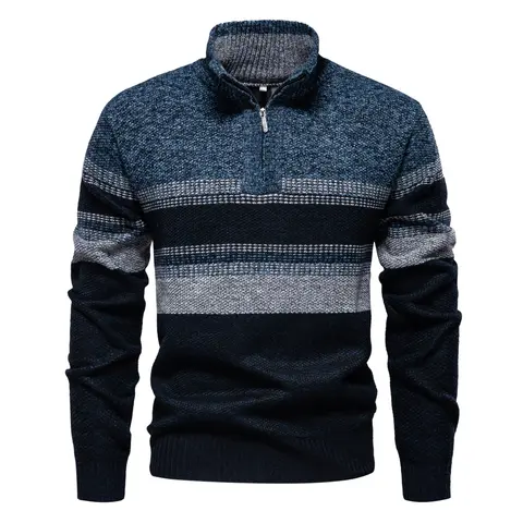 Men’s color-blocked striped knit pullover—soft, textured long sleeves with a stand collar and modern color-block stripes, suitable for everyday casual wear, commuting, travel, and autumn/winter outfits.