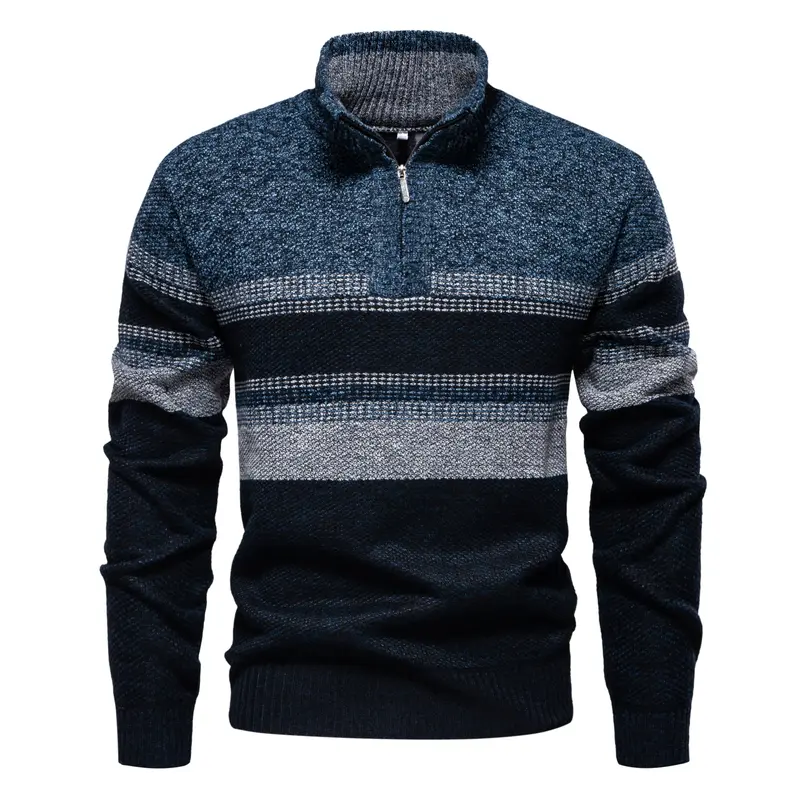 Men’s color-blocked striped knit pullover—soft, textured long sleeves with a stand collar and modern color-block stripes, suitable for everyday casual wear, commuting, travel, and autumn/winter outfits.
