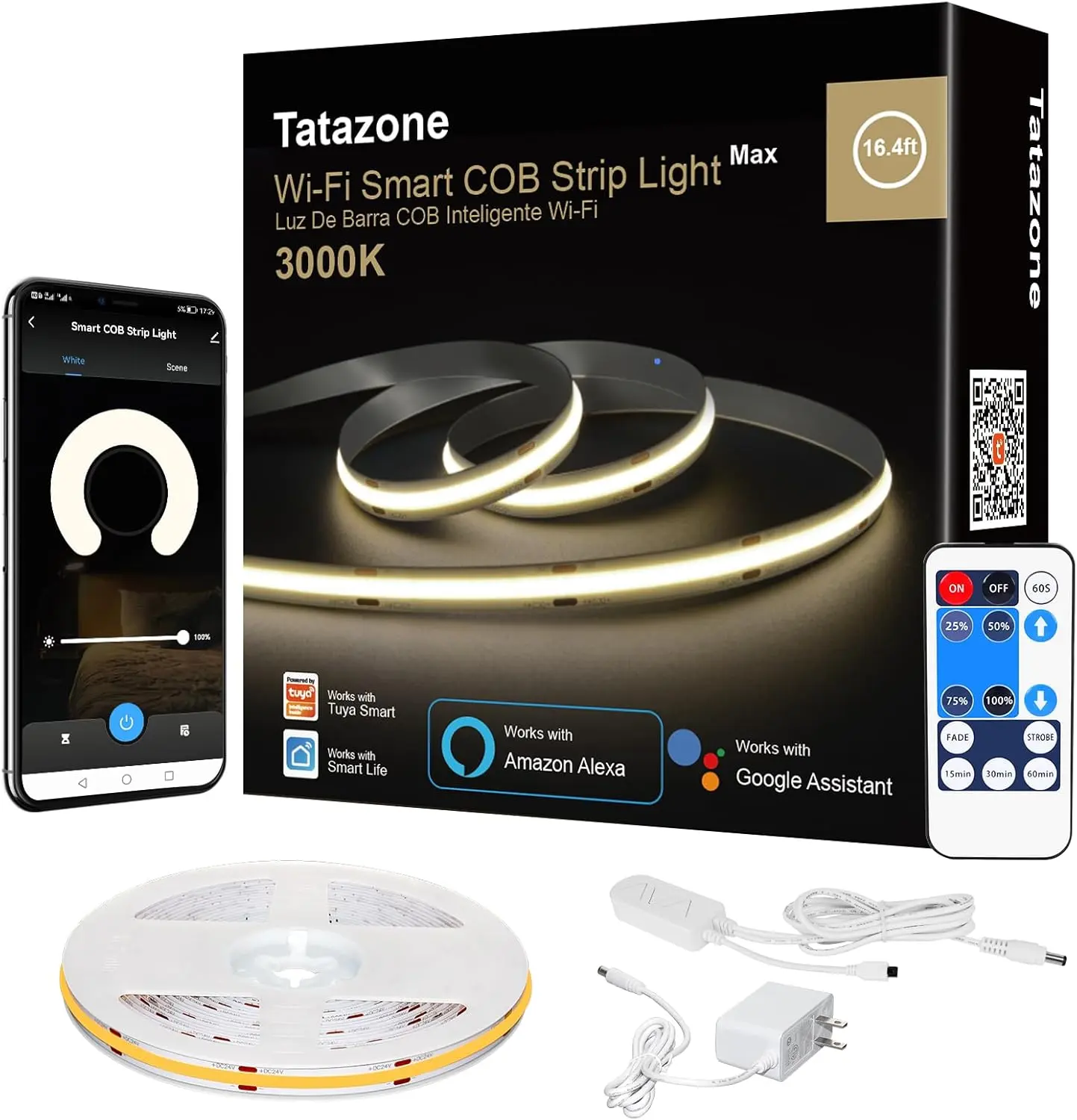 Smart White COB Led Strip Light with App and Remote, 16.4ft 3000K Bright Warm White WiFi COB Light Strip Compatible with Alexa Google, Dimmable Indoor Led Lights for Mirror, Cabinet, Kitchen