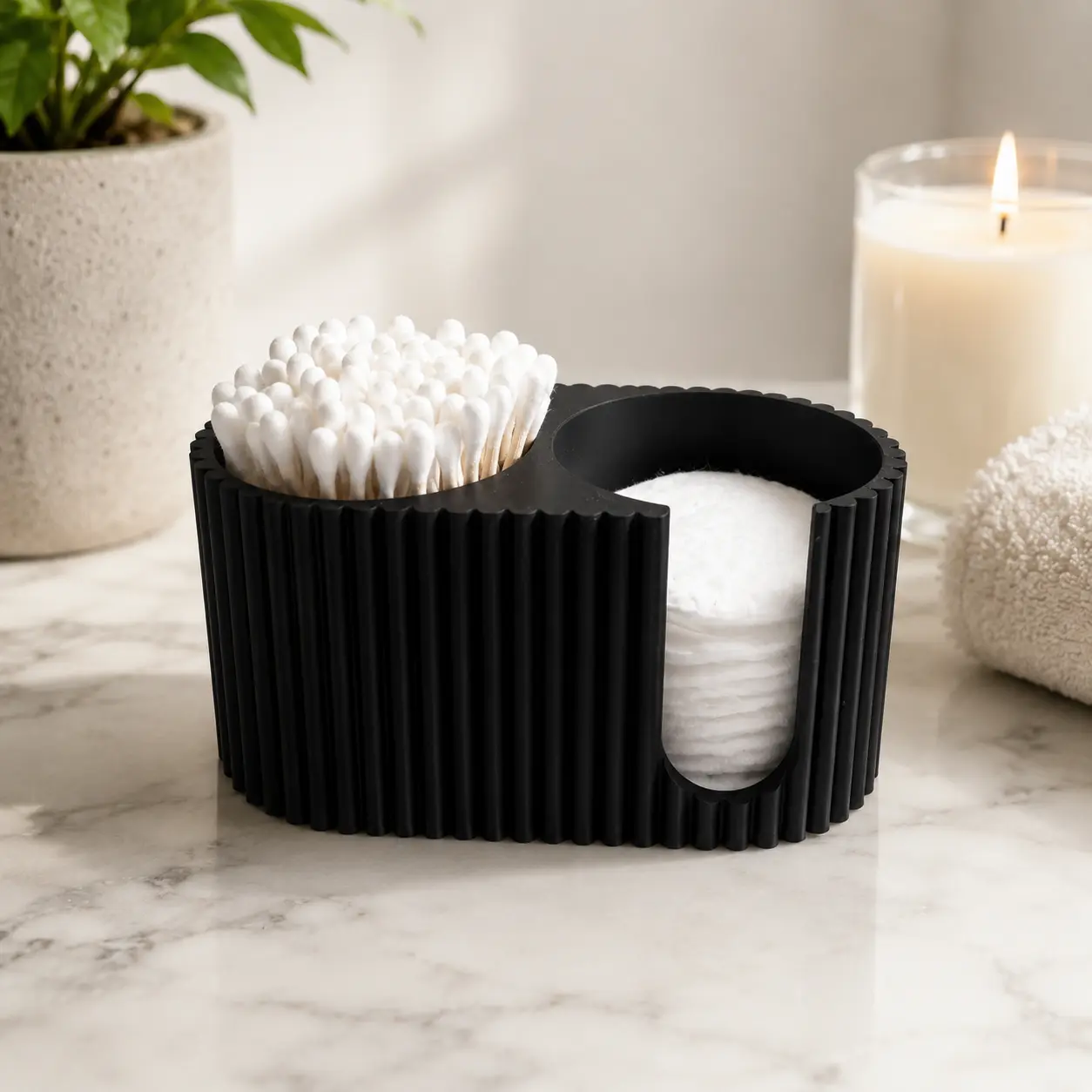 Modern Ribbed Plastic Cotton Swab & Cotton Pad Holder, 3D Printed Lightweight Bathroom Vanity Organizer with Compartment, Home Storage Solution for Gifting