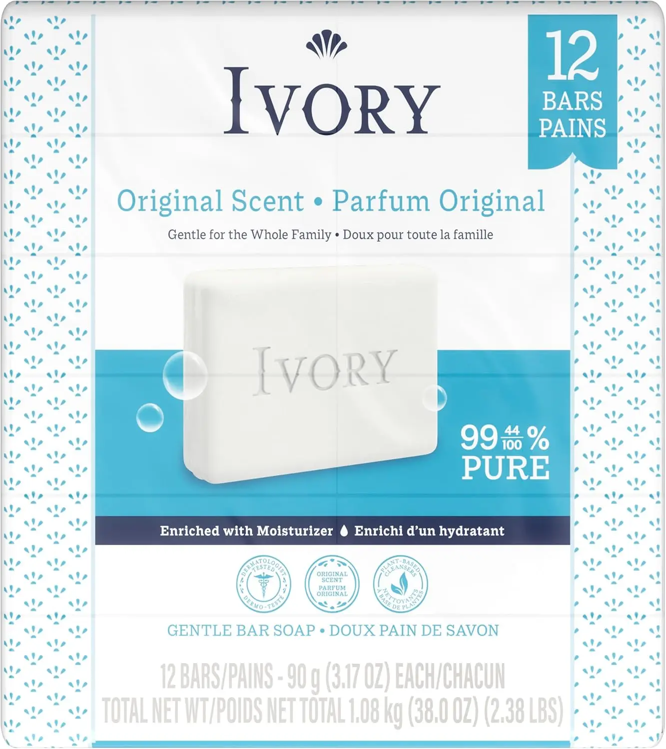 Ivory Gentle Bar Soap, Designed for Whole Family, 99.44% Pure Formula, Plant-Based Cleanser, Made Without Heavy Perfumes, Parabens & Phthalates, For All Skin Types, Original Scent, 3.17 oz (12 Count)