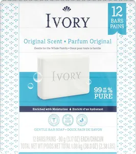 Ivory Gentle Bar Soap, Designed for Whole Family, 99.44% Pure Formula, Plant-Based Cleanser, Made Without Heavy Perfumes, Parabens & Phthalates, For All Skin Types, Original Scent, 3.17 oz (12 Count)