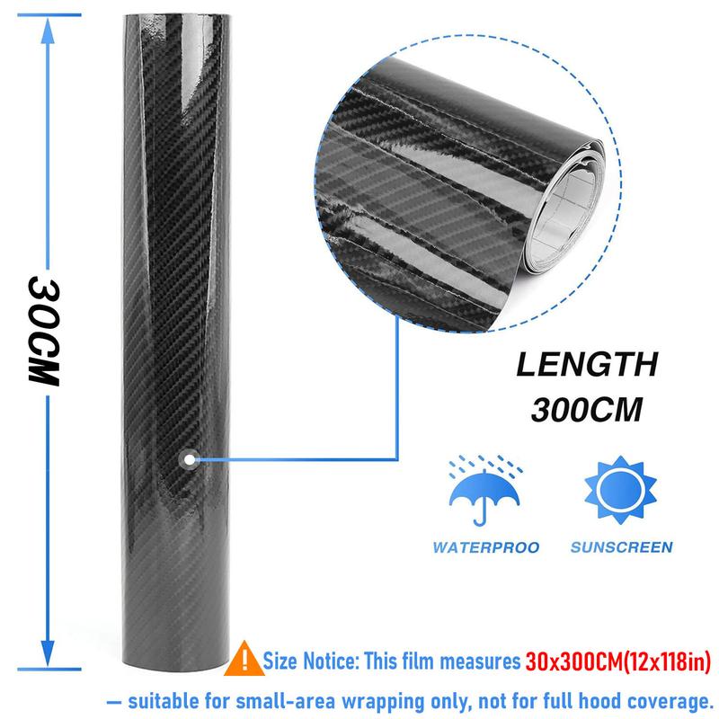 12" x 10FT / 30*300CM Gloss Carbon Fiber Car Wrap Vinyl Bubble Free Air Release Adhesive Car Wrap Film Roll Automotive DIY Decals With Installation Tools