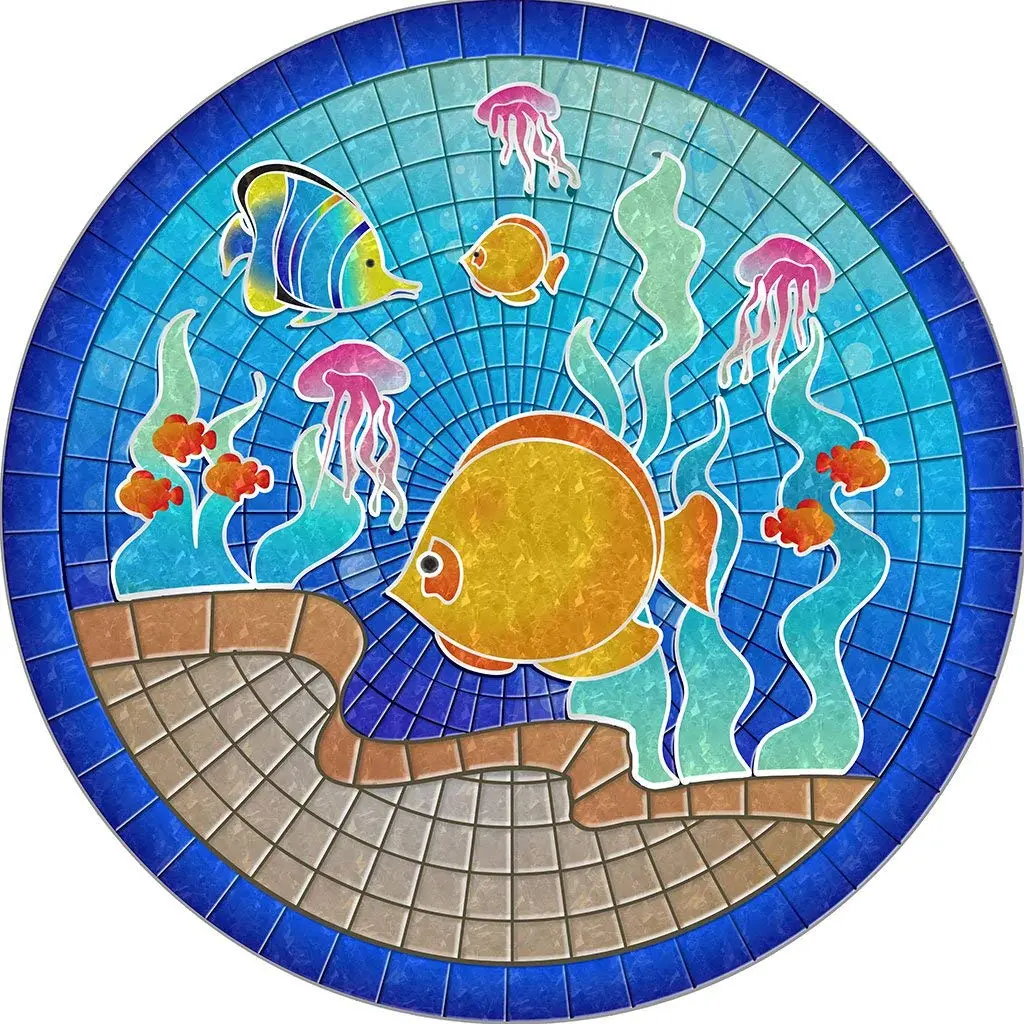 Tile Mosaic Outdoor Pool Rug, 59-in Waterproof Pool Area Mat, Underwater Fish Design, Durable Fade-Resistant, Compatible with Automatic Cleaners