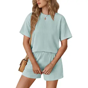 Short Sets for Women 2 Piece Outfits Summer Loose Lounge Set Ribbed Textured Knit Short Sleeve