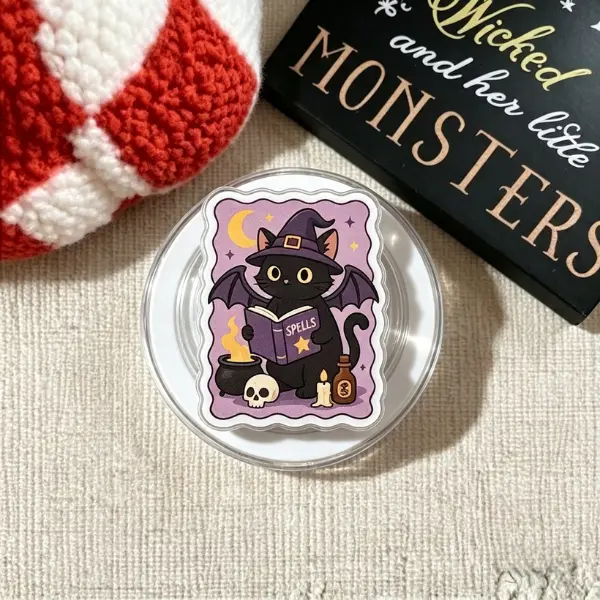Spells Witch Bat Black Cat MagSafe Phone Grip, Cute Magic Kitty Reading a Book PopSocket, Aesthetic Spooky Bookworm Accessory, Halloween Gift for Cat Lovers, TikTok Viral Merch