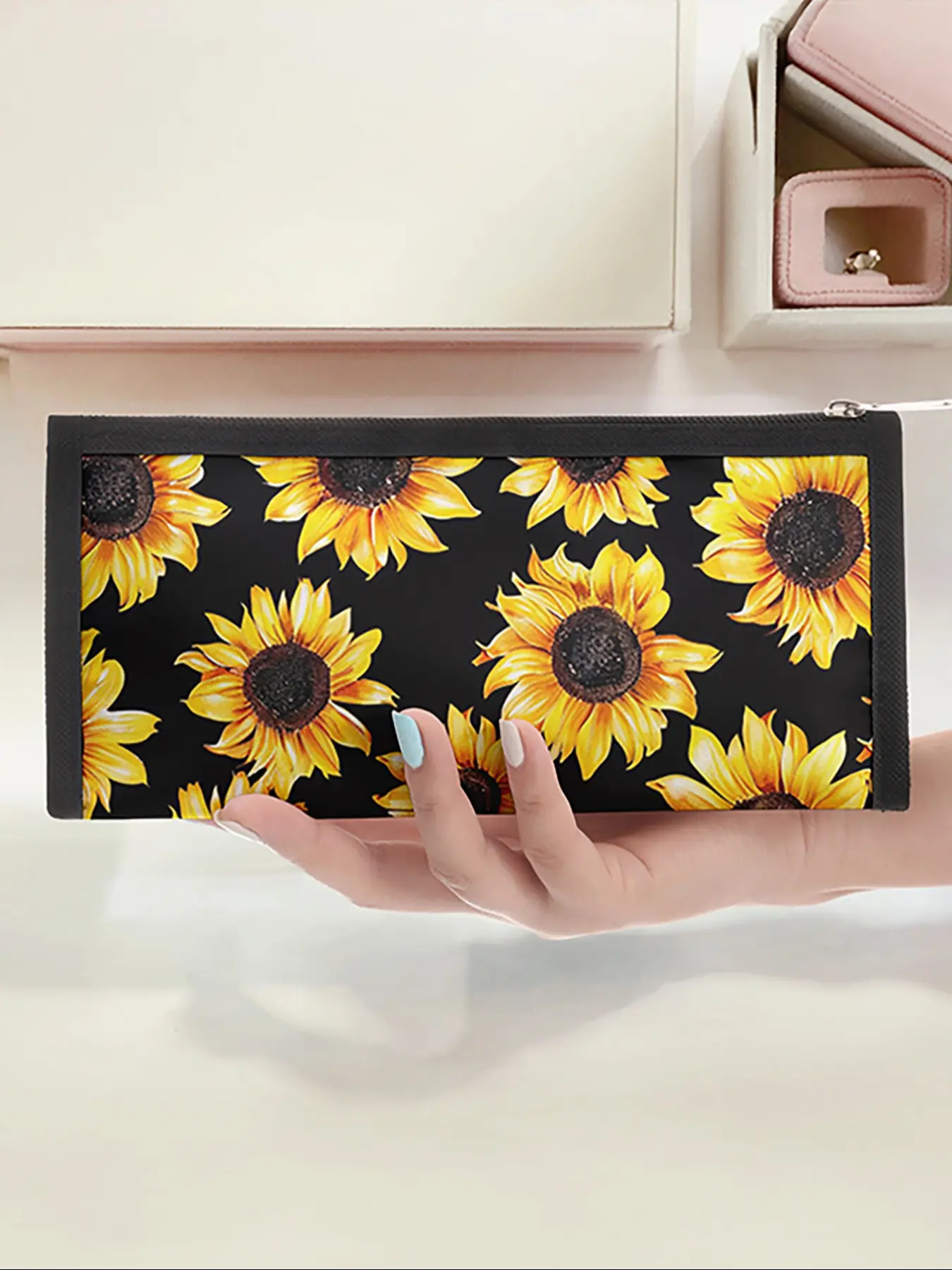 Sunflower Pattern Triangle Pencil Case, Portable Multi-Functional Office Stationery Storage Bag, Zipper Design, Unisex, All Seasons