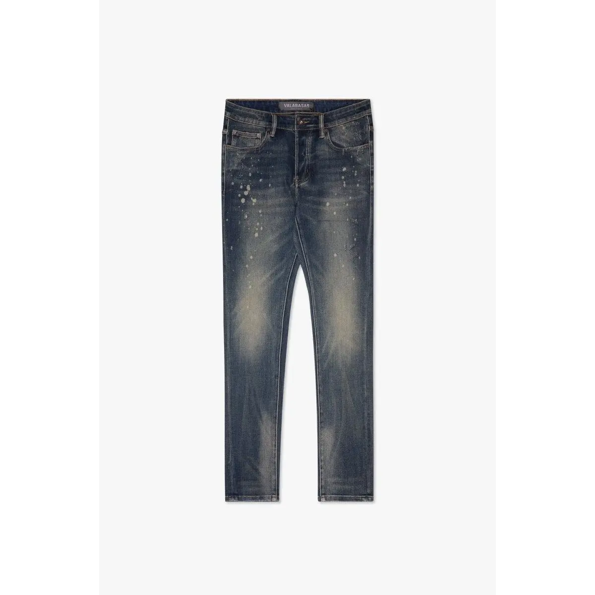 Mr.Flex Skinny Jeans - Stretch Elastane Blue Wash Denim with Splatter, Distressed Details for Rebels (White Graphic Accents Included), Five-Pockets