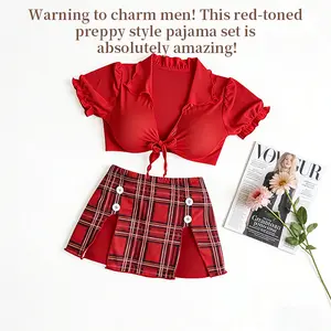 Sexy Red Schoolgirl Uniform Lingerie Set | Preppy Plaid Mini Skirt with Slit & Tie | Cute Roleplay Anime Cosplay Outfit