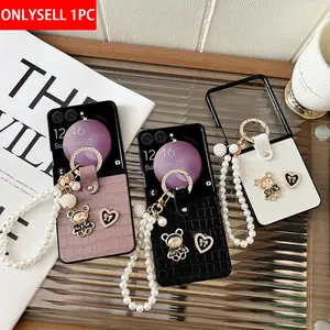 Samsung Galaxy Z Flip 7 Phone Case Protective with PU Leather Ring Holder & Pearl Bracelet, Bear, PC Surface Design, Durable Protection Accessory