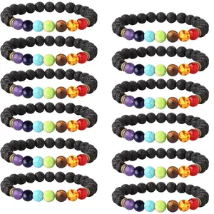 FINREZIO 12 Pcs Colorful Exquisite Lava Stone Bracelets for Women Men Rainbow Style Layering Jewelry Set 8mm Beads Natural Stone Bracelets for Family Couples