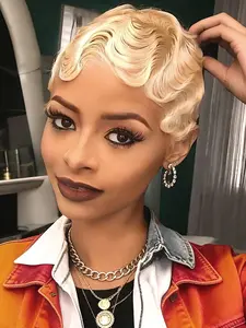 613 Blonde Pixie Cut Wig Short Finger Wave Human Hair Full Machine Made Ladies Wig