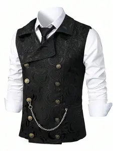 Men's Solid Color Double Breasted Suit Vest with Chains, Regular Fit Casual Retro Style Sleeveless Button Front Vest for Wedding Party, Fashion Men's Clothes for All Seasons, Menswear