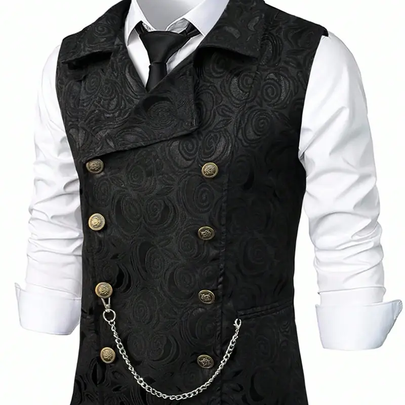 Men's Solid Color Double Breasted Suit Vest with Chains, Regular Fit Casual Retro Style Sleeveless Button Front Vest for Wedding Party, Fashion Men's Clothes for All Seasons, Button Suits Vest, Menswear