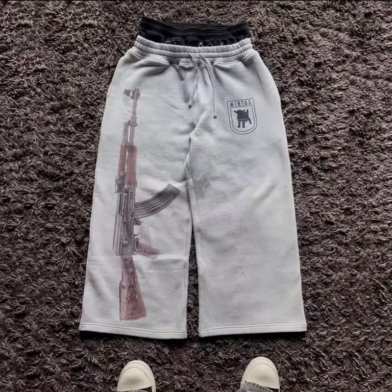 Straight Leg Double Waist Design Sweatpants with AK-47 Graphic & Logo Patch