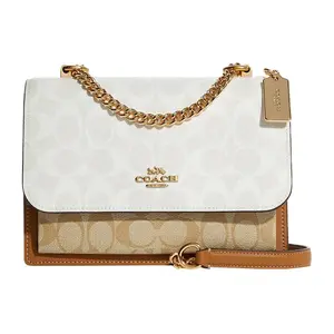 Coach Klare 22 Logo Snap-Front Tote Bag for Women – Coated Canvas and Leather, White and Brown Monogram, Small Accordion Crossbody Bag