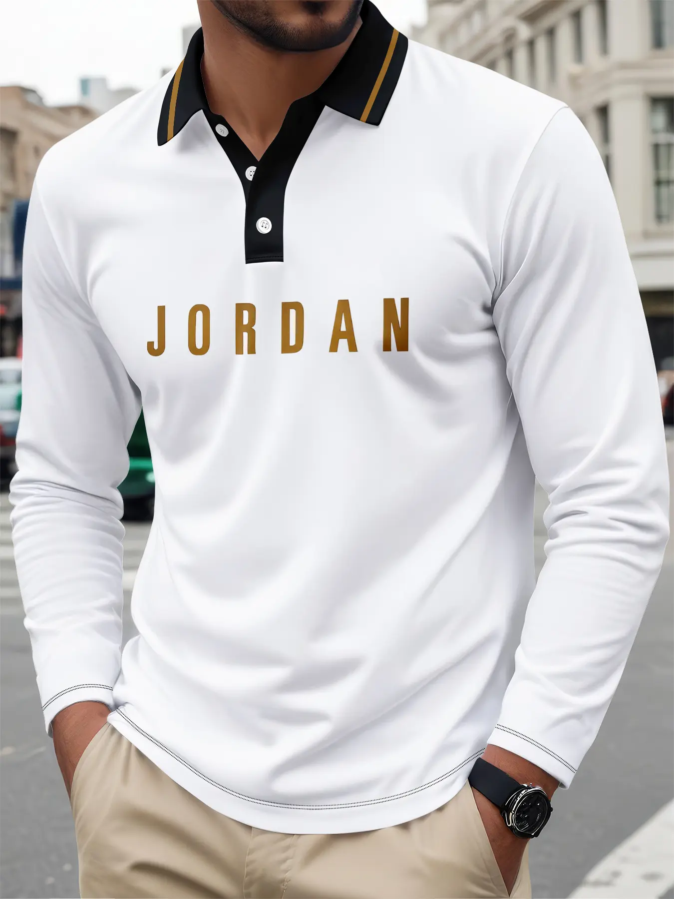 Men's Long Sleeve Classic Polo Shirt with Jordan Print, Casual Fitted Design, Breathable Comfort, Spring & Fall Fashion, Business Golf Wear, Polo Style
