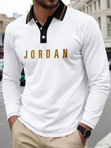 Men's Long Sleeve Polo Shirt with Jordan Print, Casual Fitted Design, Breathable Comfort, Spring & Fall Fashion, Business Golf Wear