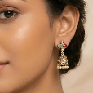 Women's Small Lightweight Traditional Polki Jhumki Drop Earrings, Daily Wear Fashion Jewelry for Women, Costume Accessories